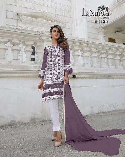 Cotton Embroidered Kurti Pant With Designer Dupatta, 3-Piece Set
