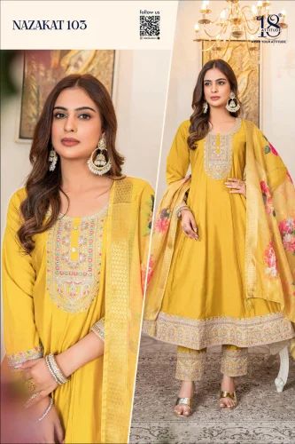 Anarkali Floral Printed Dupatta Suit, Stitched