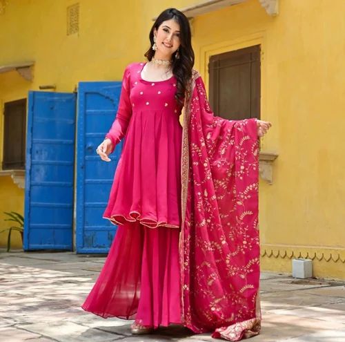 Georgette Embroidered Latest Designer Sharara Suits, Pink
