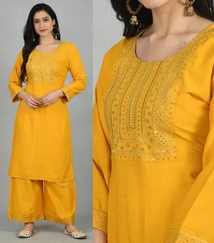 Machine Embroidery Embroidered Kurti With Palazzo, Reyon
