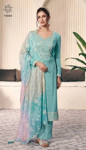 Sky Printed Moonga Silk Top Bottom With Dupatta