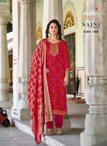 Rayon Bandhej Printed Suit, Red