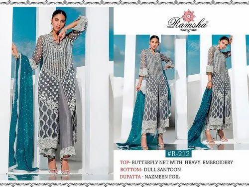 Grey Pakistani Heavy Embroidery Lawn Suits, Size: Semistiched