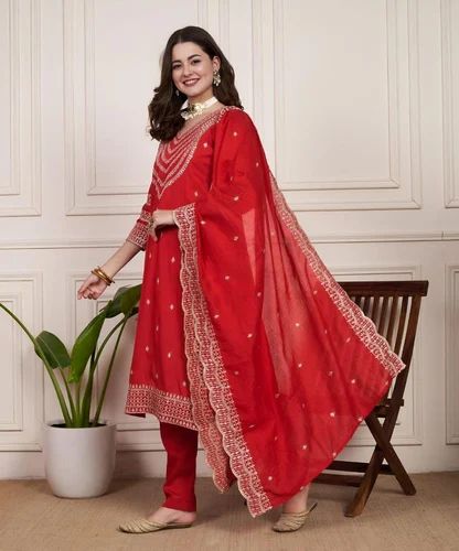 Embroide Red Red Chanderi Silk Suit