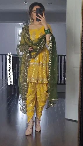 Georgette Embroidered Women Punjabi Suit, Yellow
