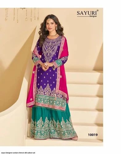 Party Wear Chinon Silk Suit, Stitched, Work: Embroidery