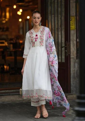 White Chanderi Fancy Designer Ladies Suits