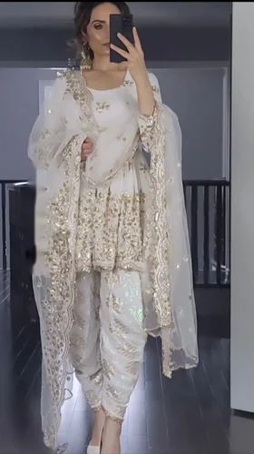 Georgette Embroidered Ledies Punjabi Suits, White