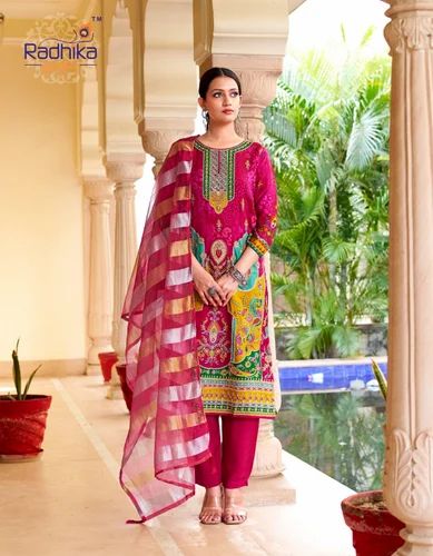 Party Wear Dola Silk Suit, Work: Digital Print, Stitched