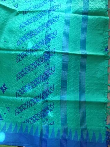 Handwoven Silk Scarf Turquoise Blue Jacquard Patterned Silk Stole with Tassels