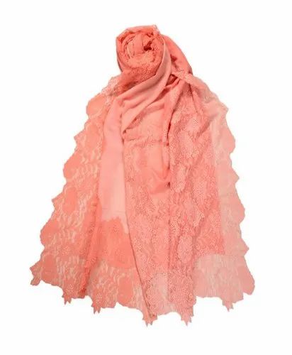 Wool Red Ombre Shawls Stoles With Lace Work, 70 X 200 cm