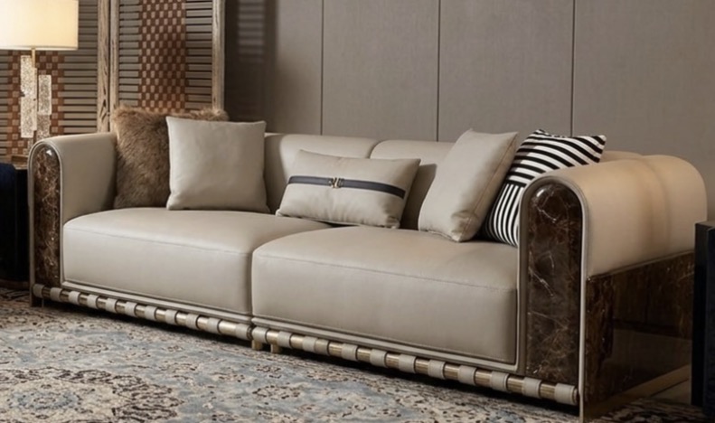Modern Luxury Leather Sofa with Marble Accents