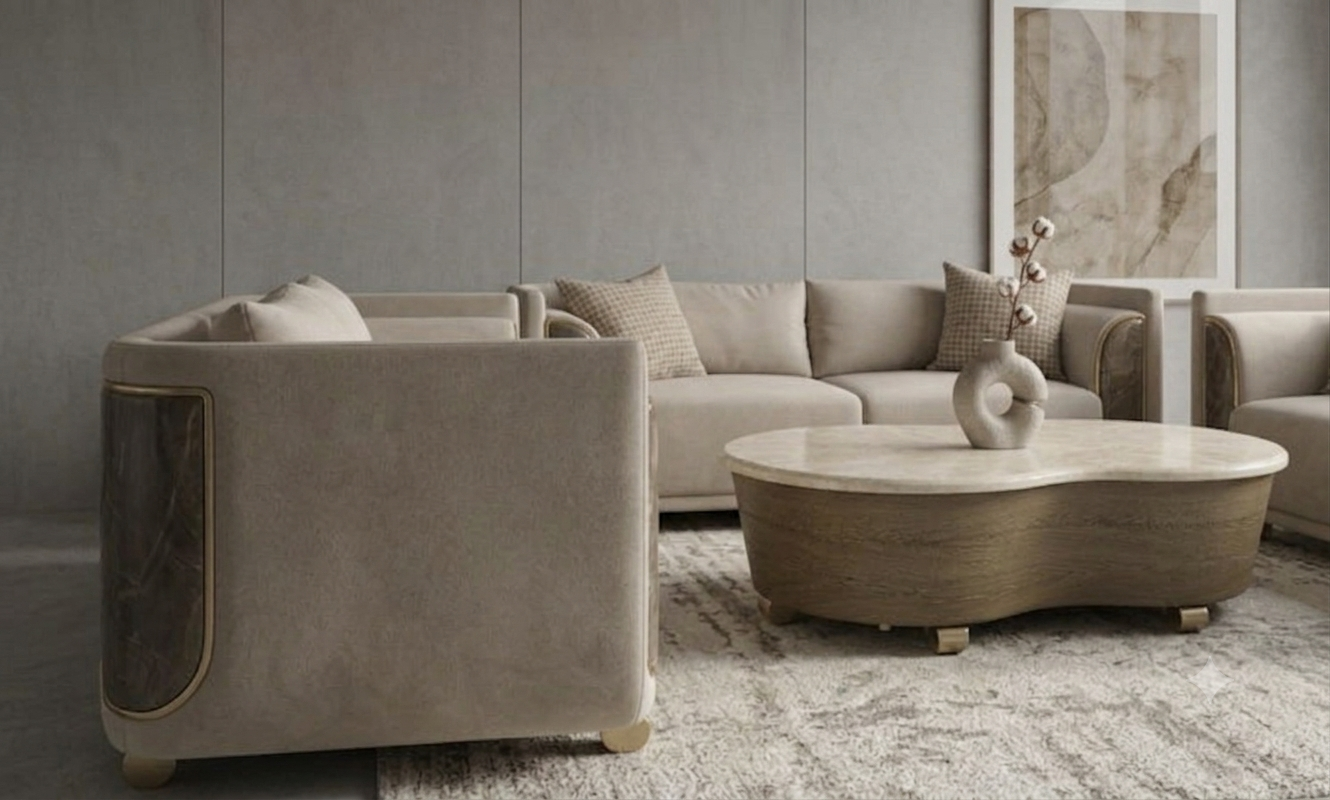 Modern Curved Beige Velvet Sofa