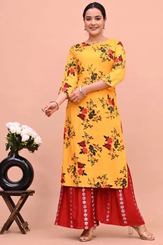 Straight Yellow Rayon Printed Sharara Suit Set, Size: Large