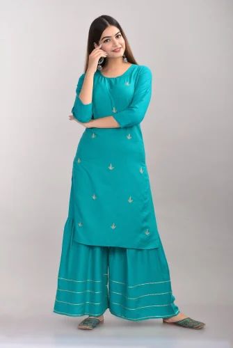 Rayon Embroidered Kurta Sharara Set, TURQUISE