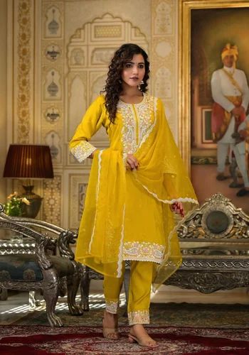 Cotton Embroidered Party Wear Suit, Yellow