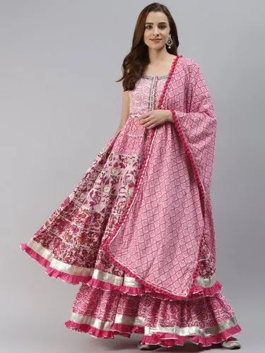 Divena Pink Cotton Sleeves less Anarkali Sharara set with Dupatta