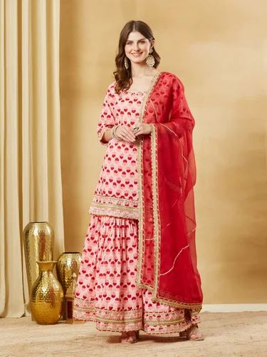 Readymade Gota Patti Divena Pink Hand Block Cotton Kurta Sharara Set with Dupatta