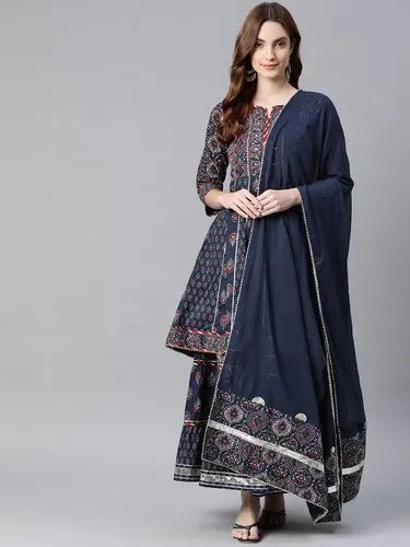 Anarkali Divena Indigo Cotton Short Kurti Sharara Set With Dupatta
