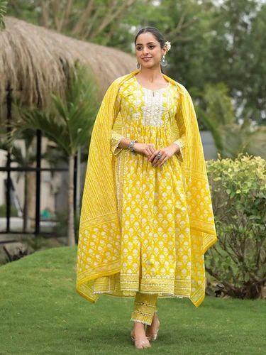 Yellow Floral Print Nyra Cut Cotton Kurta Pants with Dupatta set for women