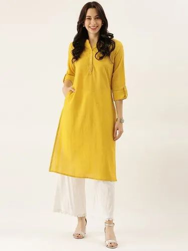 Cotton XS-7XL Divena Yellow Solid Straight Roll Up Sleeve Kurti, Wash Care: Handwash