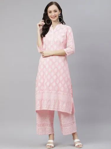 A-Line Stitched Divena Baby Pink Cotton Kurta Palazzo Set, Handwash