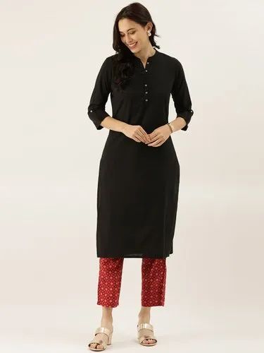 Cotton Casual Wear Divena Black Solid Straight Roll Up Kurti, Size: XS-7XL, Wash Care: Handwash