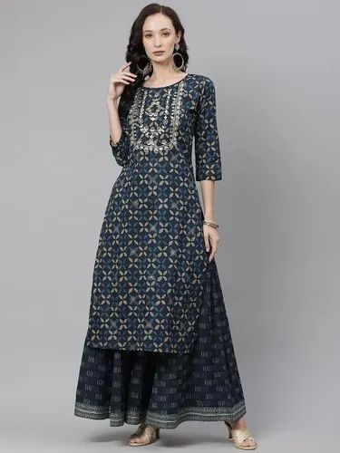 Cotton Floral Printed Divena Indiogo Blue Kurta Set With Palazzo