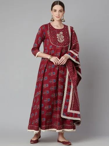 Divena Red Anarkali Kurta Pant Set With Dupatta