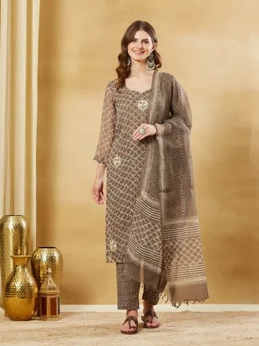 Divena Brown Kota Doria Round Neck Hand Block Kurta Set with Dupatta