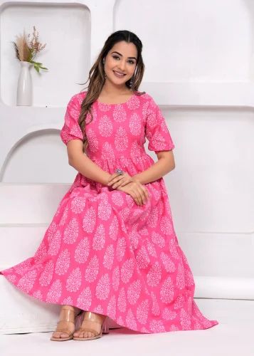 Round Neck Half Sleeve Rayon Printed Frock Style Anarkali Kurta