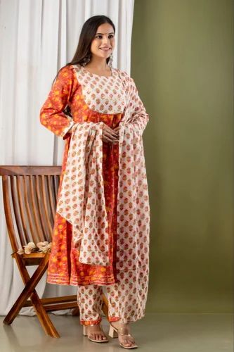 Cotton Printed Anarkali Kurta Pant With Dupatta Set