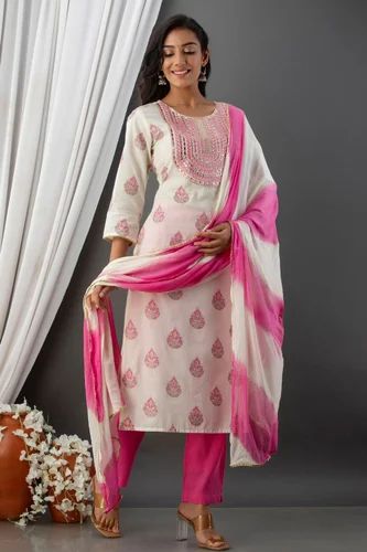 Embroidered Cotton Printed Kurta Pant with Dupatta Set