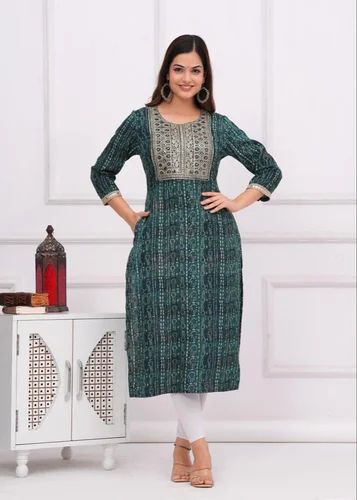 Pink Rayon Printed Embroidered Casual Kurti