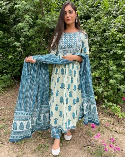 Cotton Printed Embroidered Kurta Pant Dupatta Set, Hand Wash, Size: 38-44