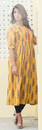 Girl Stitched Cotton Printed A Line Pattern Frock Style Kurti, 50000 Pieces Per Month
