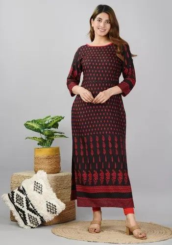 Round Straight Ladies Casual Wear Long Kurti, Size: M-XXL