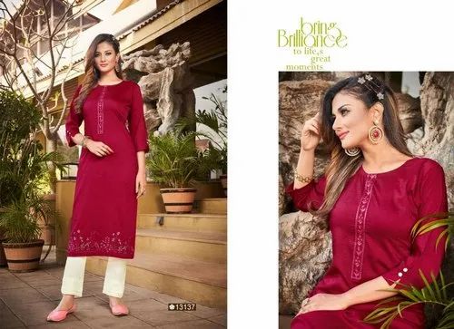 Straight Ladies Designer Silk Kurti With Embroidery Work
