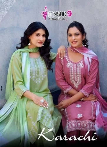 Karachi vol 5 by mystic9 readymade shop trendy rayon suit for ladies, Embroidery