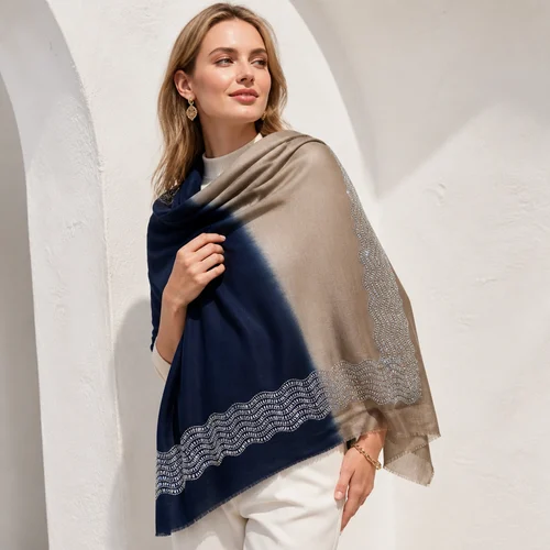 Merino wool 4 side mirror work Neelam stole