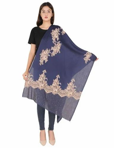 Pure Merino Wool Applique Lace Stole With Beed Work