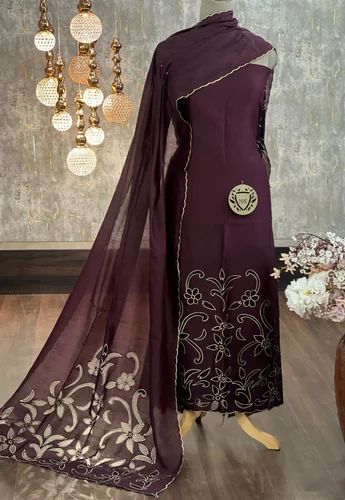 Black Silk Chanderi Cutwork Suit, Unstitched