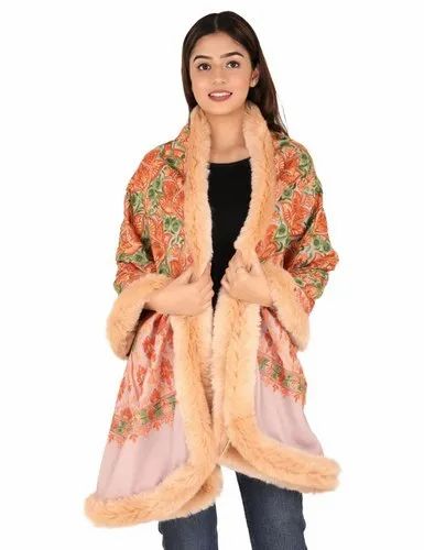 Lucky Rectangular Embroidered Stole With Faux Fur Trim