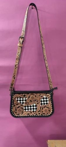 Fashionable Multi Coloured Hand Tooled Leather Purse Floral Carved Genuine Cowhide Shoulder Bag