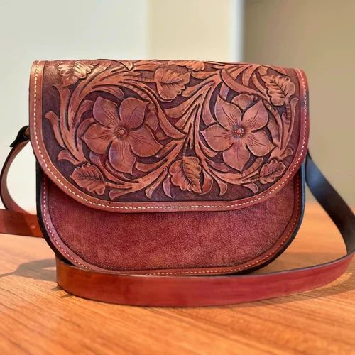 Floral Designed Hand Tooled Leather Purse Carved Genuine Cowhide Shoulder Bag Artisan Crafted