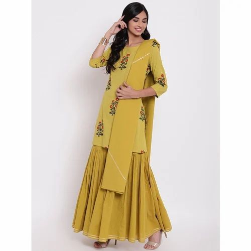 Embroidery Lemon Yellow Rayon Sharara Kurta Set With Dupatta