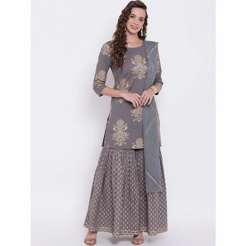 Readymade Foil Printed Cotton Sharara Set With Net Dupatta