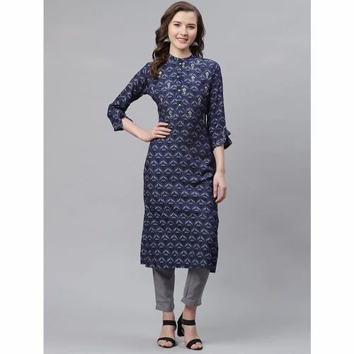 Dark Blue Rayon Straight Kurti, Printed