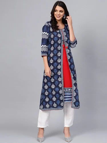 Printed Blue Cotton And Rayon A Line Kurti, Length: Knee Length