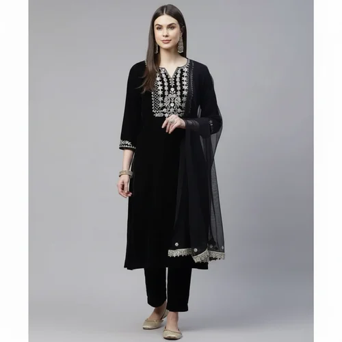 Women Floral Yoke Design Sequinned Velvet Kurta with Trousers And Dupatta